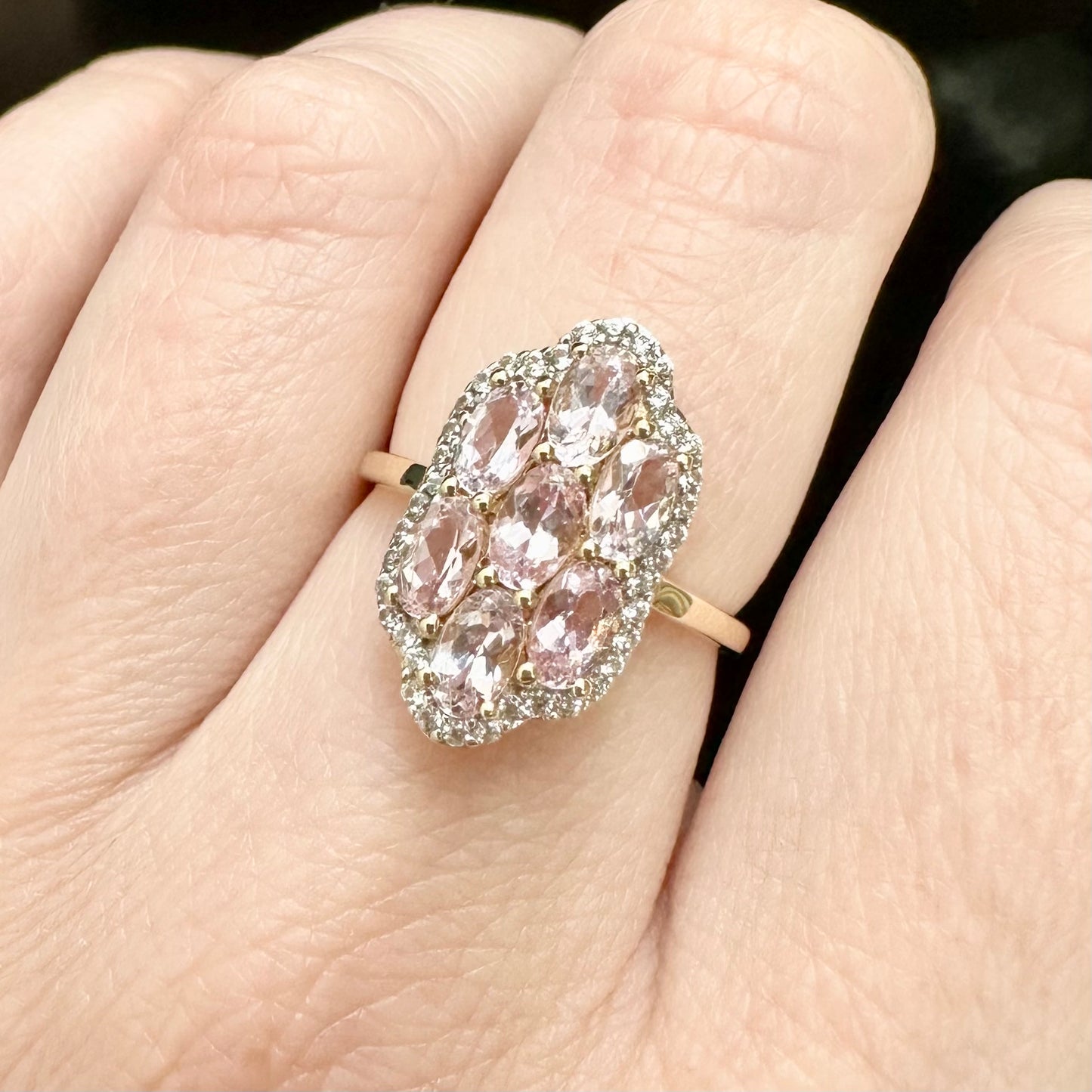 9Ct Yellow Gold Morganite & Diamond Simulant Set Ring Sz L 1/2