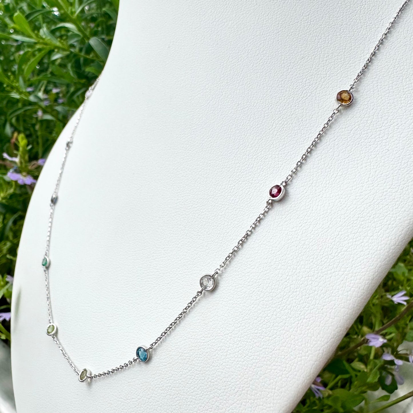 14Ct White Gold Multi-Gemstone Trace Necklace 50cm