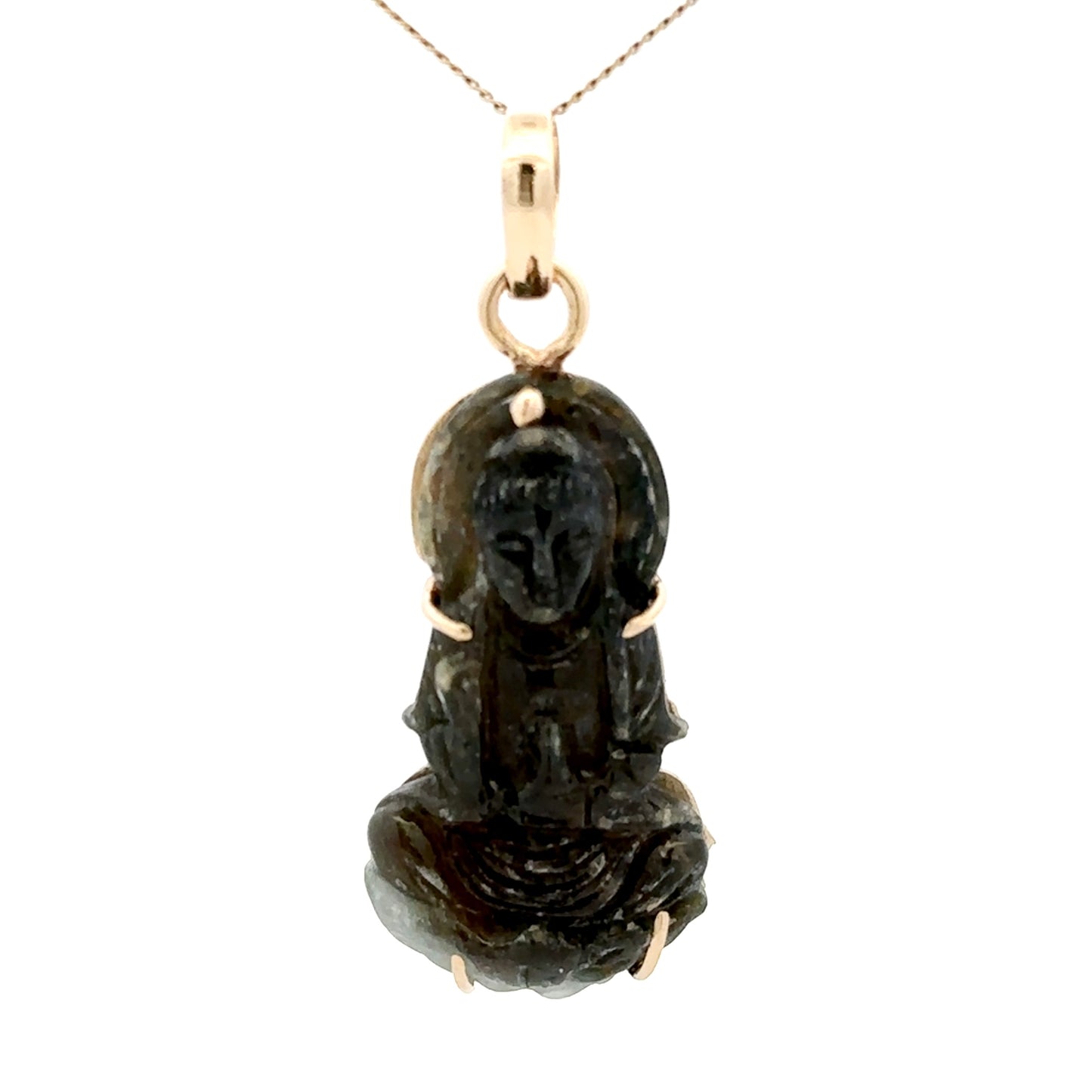 14Ct Yellow Gold Vintage Hand-Carved Nephrite Jade Guanyin (Kwan Yin) Pendant