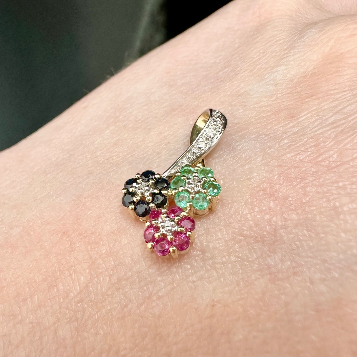 9Ct Yellow Gold Natural Sapphire, Ruby, Emerald and Diamond Floral Slider Pendant