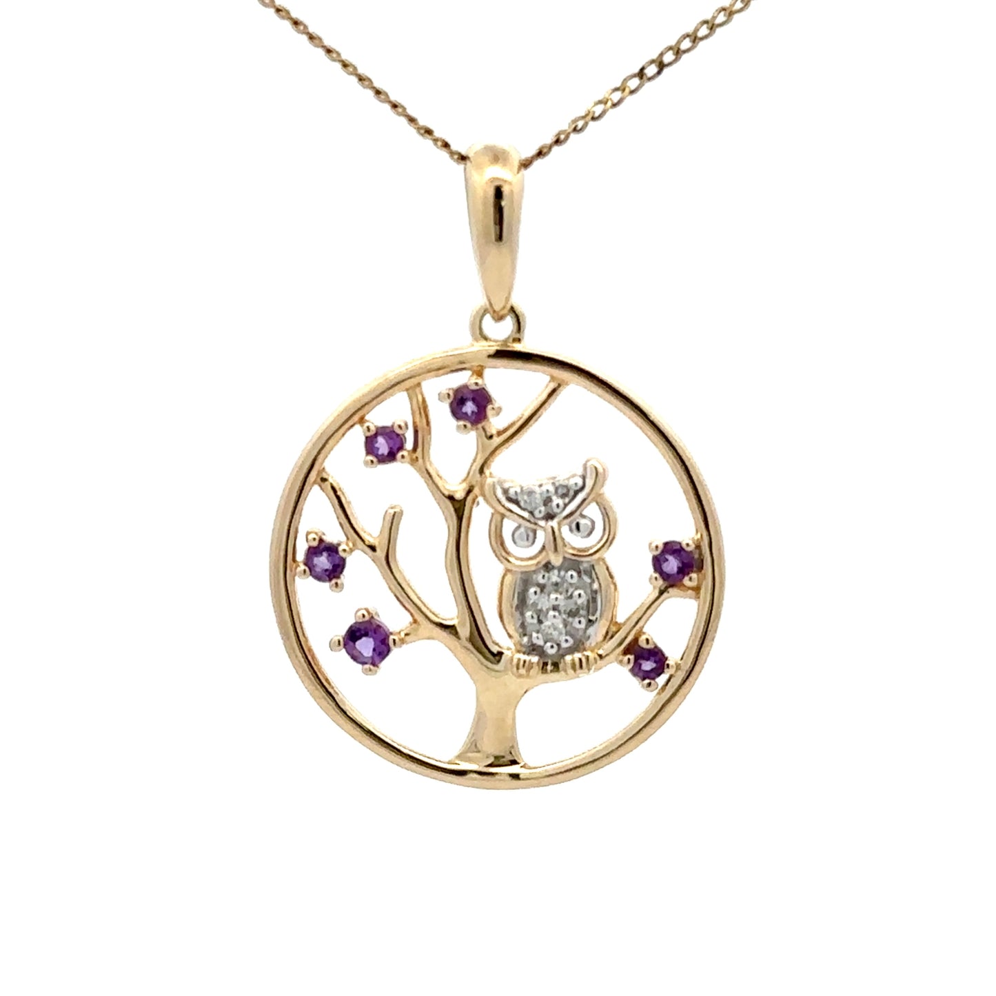 9Ct Yellow Gold Amethyst & Diamond Set Tree Owl Pendant