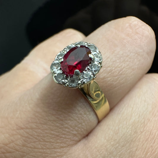 9Ct Yellow Gold Created Ruby With CZ Halo