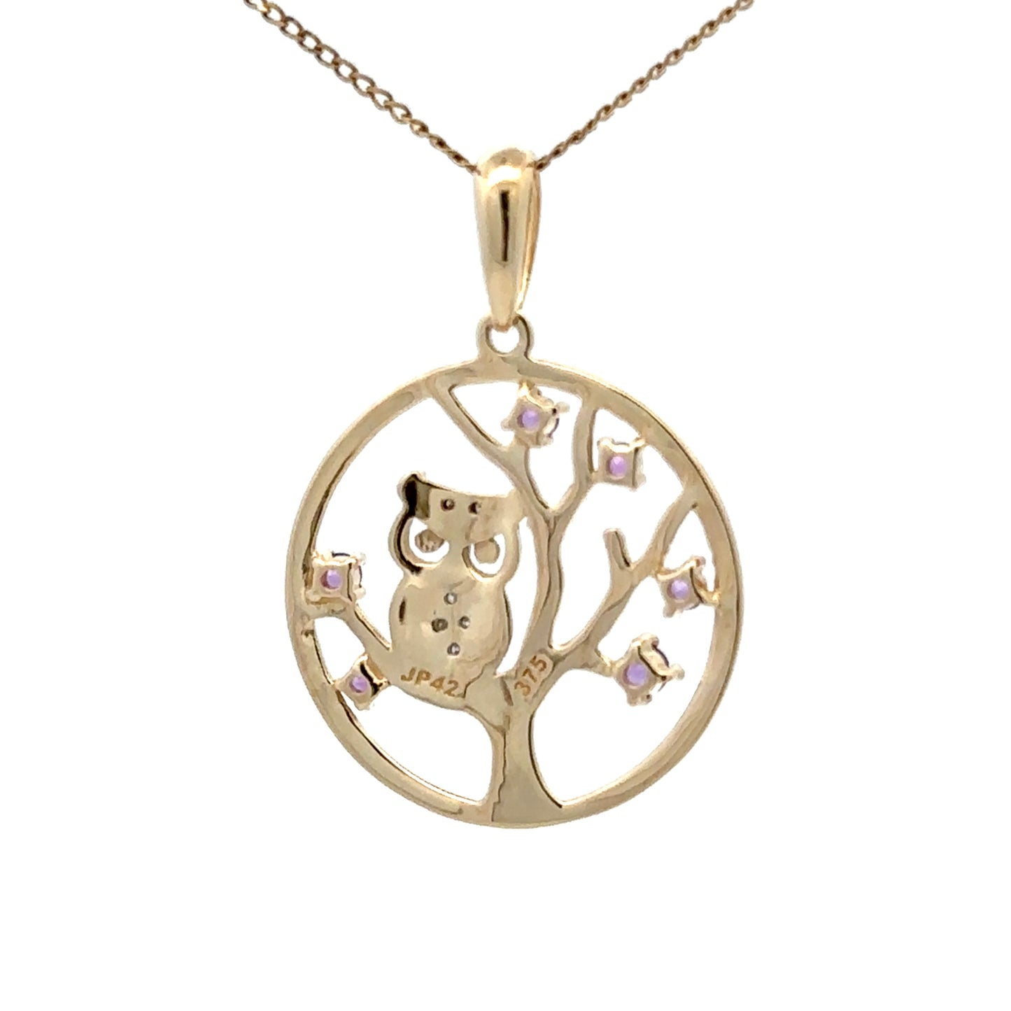9Ct Yellow Gold Amethyst & Diamond Set Tree Owl Pendant