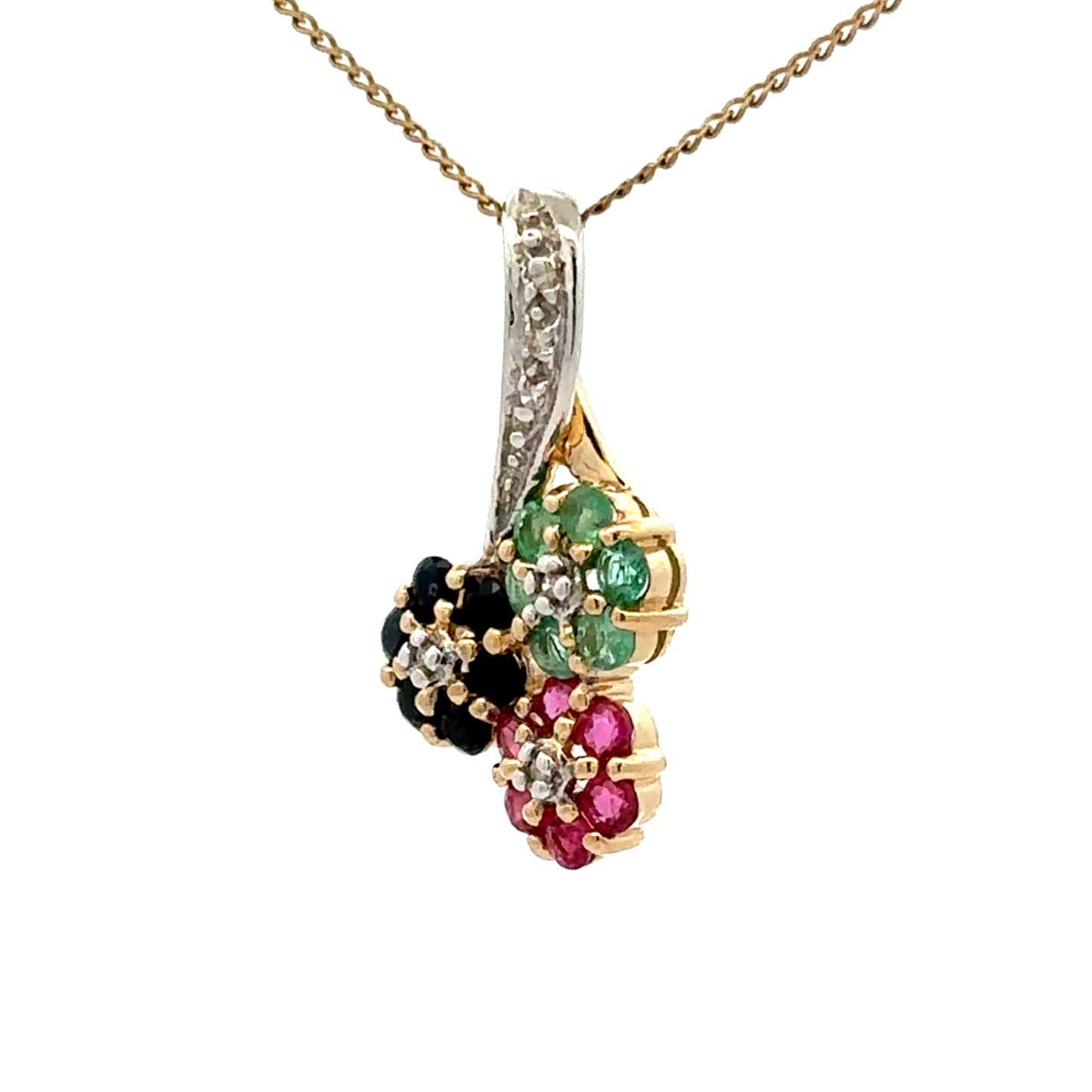 9Ct Yellow Gold Natural Sapphire, Ruby, Emerald and Diamond Floral Slider Pendant