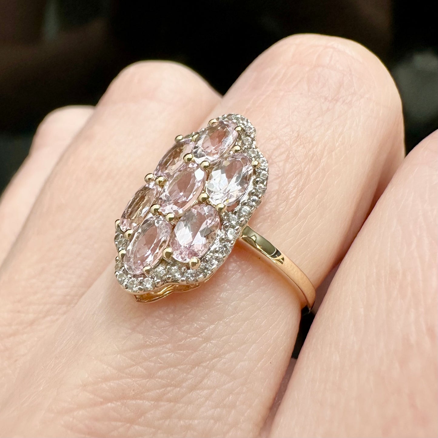 9Ct Yellow Gold Morganite & Diamond Simulant Set Ring Sz L 1/2