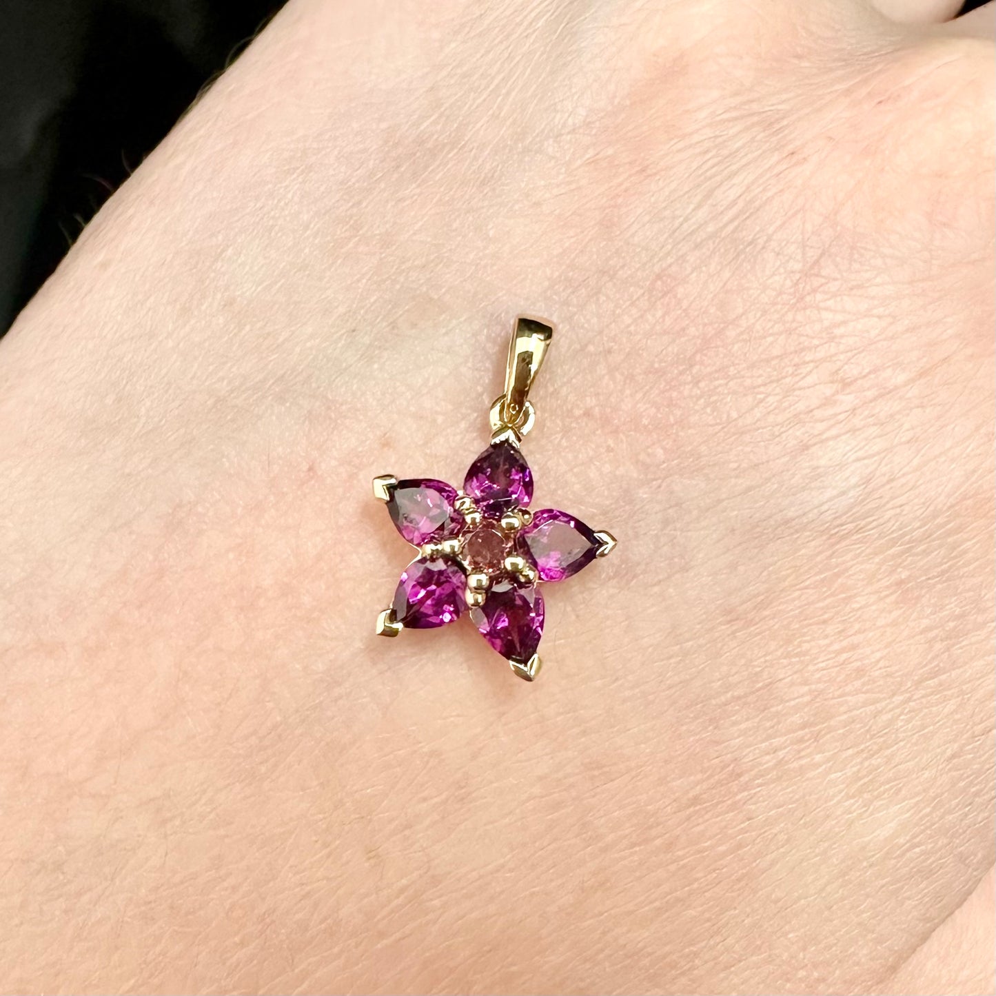 9Ct Yellow Gold Rhodolite Garnet & Pink Tourmaline Flower Pendant
