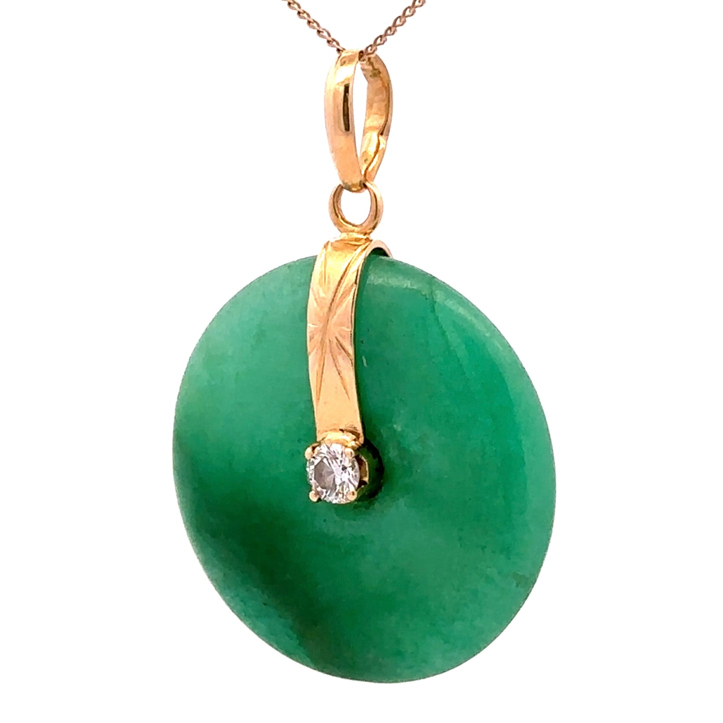 18Ct Yellow Gold Natural Jadeite and 0.17Ct TW Diamond Pi Disc Pendant