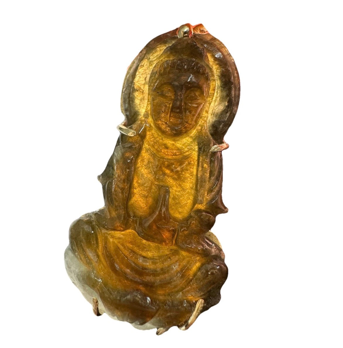 14Ct Yellow Gold Vintage Hand-Carved Nephrite Jade Guanyin (Kwan Yin) Pendant