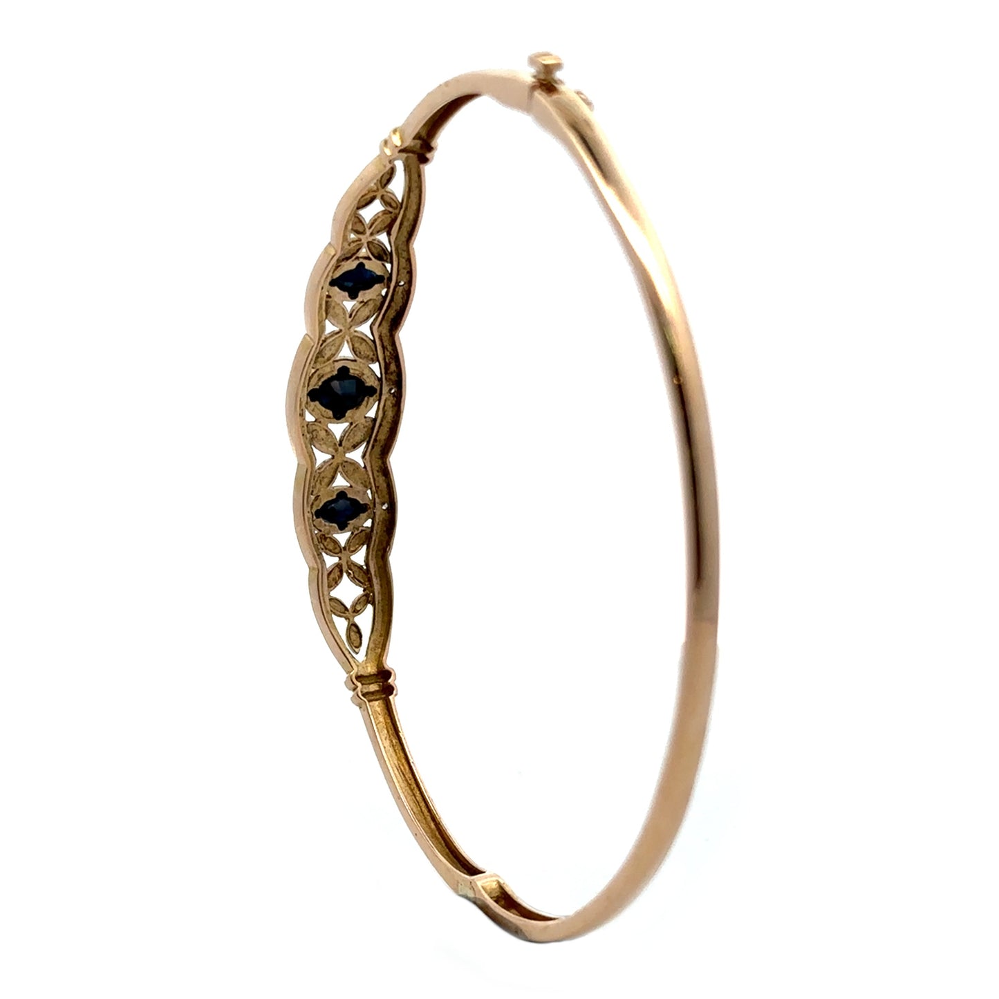 9Ct Yellow Gold Filigree Sapphire & Diamond Hinged Oval Bangle 19cm