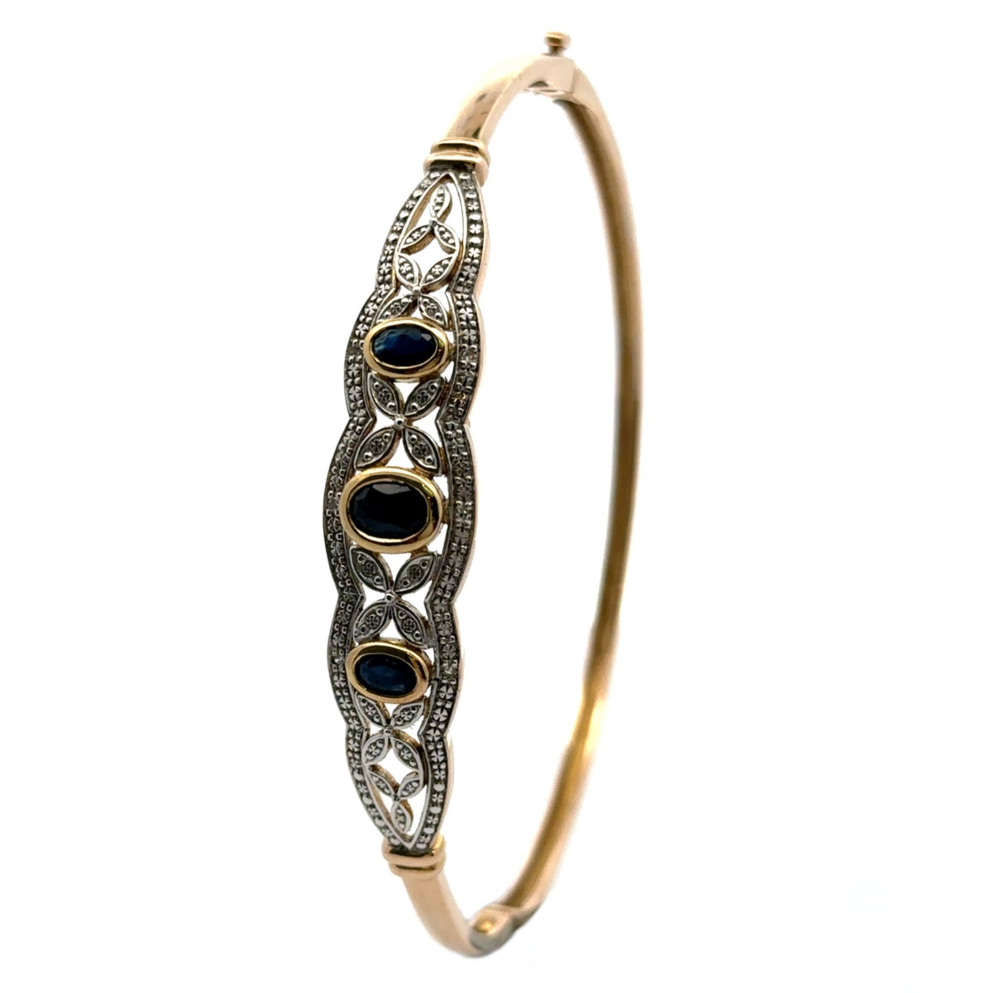 9Ct Yellow Gold Filigree Sapphire & Diamond Hinged Oval Bangle 19cm