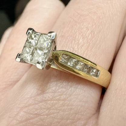 18Ct Yellow & White Gold 1 Carat TW Princess Cut Diamond Ring Sz O