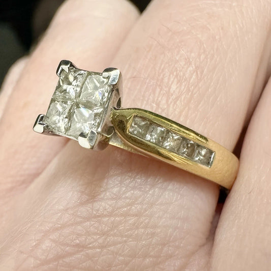 18Ct Yellow & White Gold 1 Carat TW Princess Cut Diamond Ring Sz O