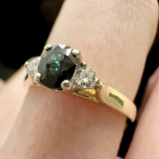 10Ct Yellow Gold Sapphire & Diamond Accent Ring Sz O