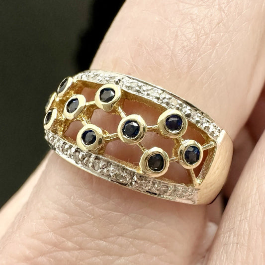 9Ct Yellow Gold Sapphire & Diamond Band Ring Sz M 1/2