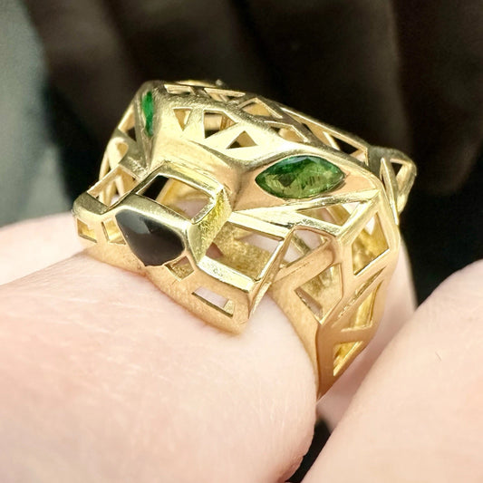 18Ct Yellow Gold Created Emerald & Black Resin Set Panther Ring