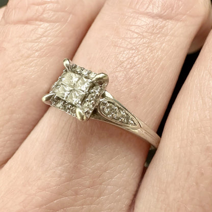 9Ct White Gold Halo Princess & Brilliant Cut 0.26 TW Diamond Ring Sz O 1/2