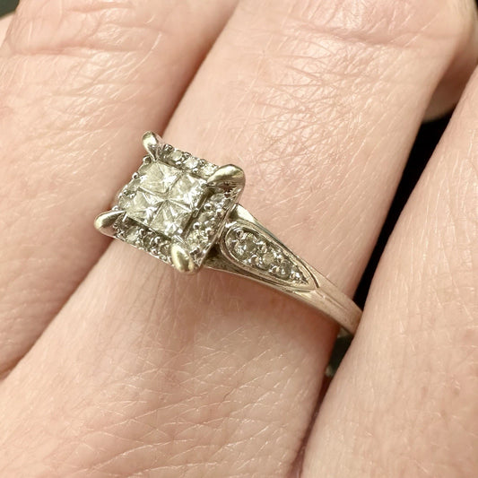 9Ct White Gold Halo Princess & Brilliant Cut 0.26 TW Diamond Ring Sz O 1/2