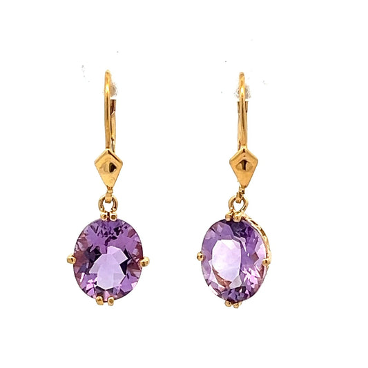 14Ct Yellow Gold Created Amethyst Dangle/Drop Lever Earrings