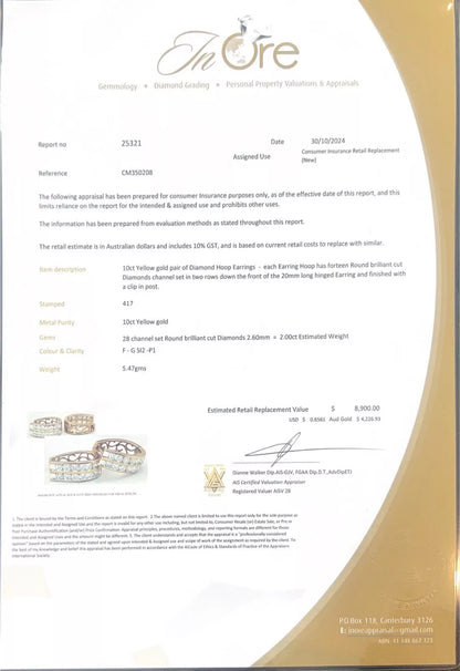 10Ct Yellow Gold 2.00 Carat Diamond Hoop Earrings