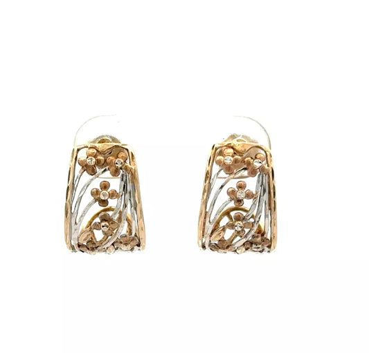 9Ct Multi-Toned Gold Floral Openwork Half Hoop Stud Earrings