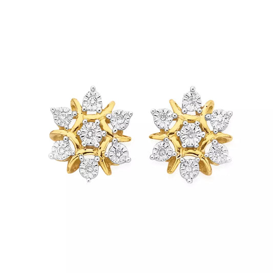9Ct Yellow Gold Diamond Snowflake Stud Earrings