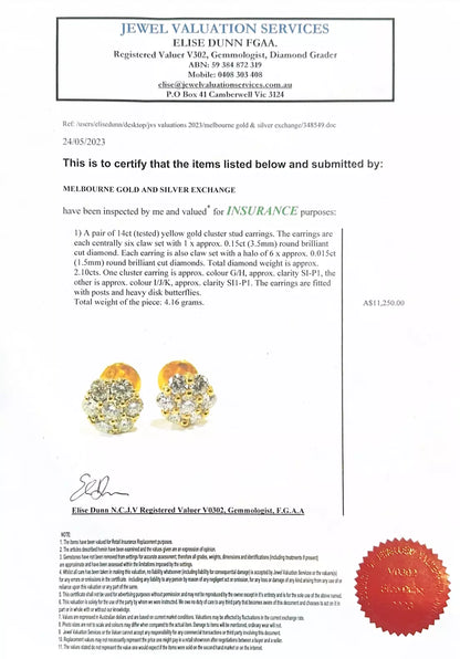 14Ct Yellow Gold 2.10 Carat TW Diamond Stud Earrings