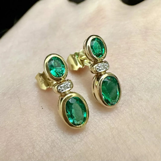 9Ct Yellow Gold Created Emerald & Diamond Set Earrings