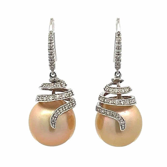 18Ct White Gold South Sea Pearl & 0.25 Carat Diamond Accent Drop Earrings