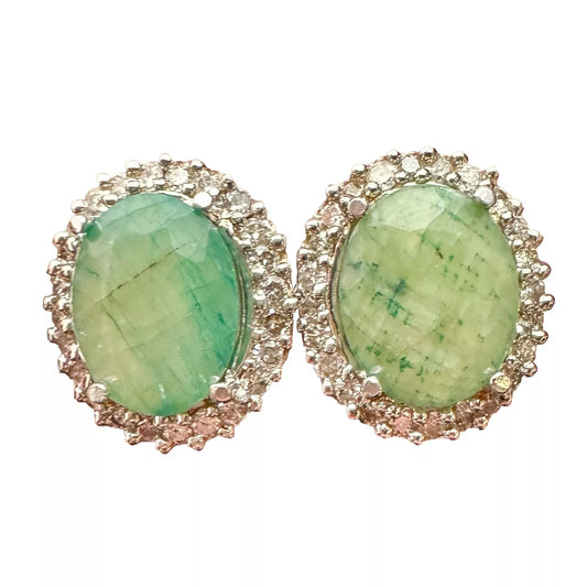 18Ct White Gold Checkerboard Cut Green Sapphire Stud Earrings