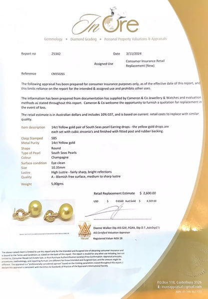 14Ct Yellow Gold South Sea Pearl Drop Stud Earrings