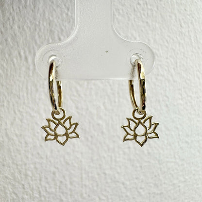 9Ct Yellow Gold Lotus Huggie Hoop Drop Earrings