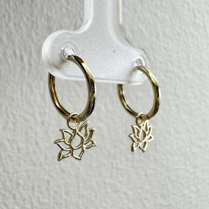 9Ct Yellow Gold Lotus Huggie Hoop Drop Earrings