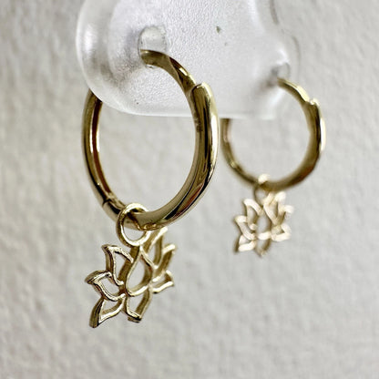 9Ct Yellow Gold Lotus Huggie Hoop Drop Earrings