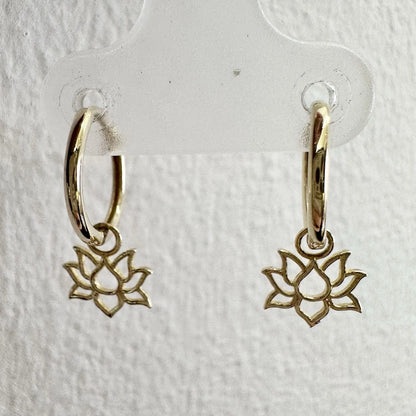 9Ct Yellow Gold Lotus Huggie Hoop Drop Earrings