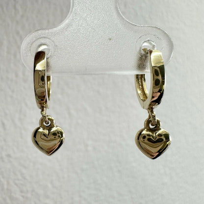 9Ct Yellow Gold Heart Huggie Hoop Drop Earrings