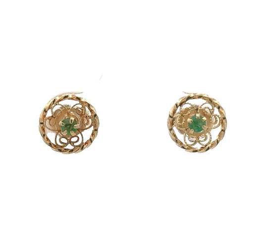 14Ct Yellow Gold Filigree Emerald Stud Earrings