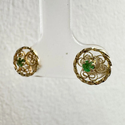 14Ct Yellow Gold Filigree Emerald Stud Earrings