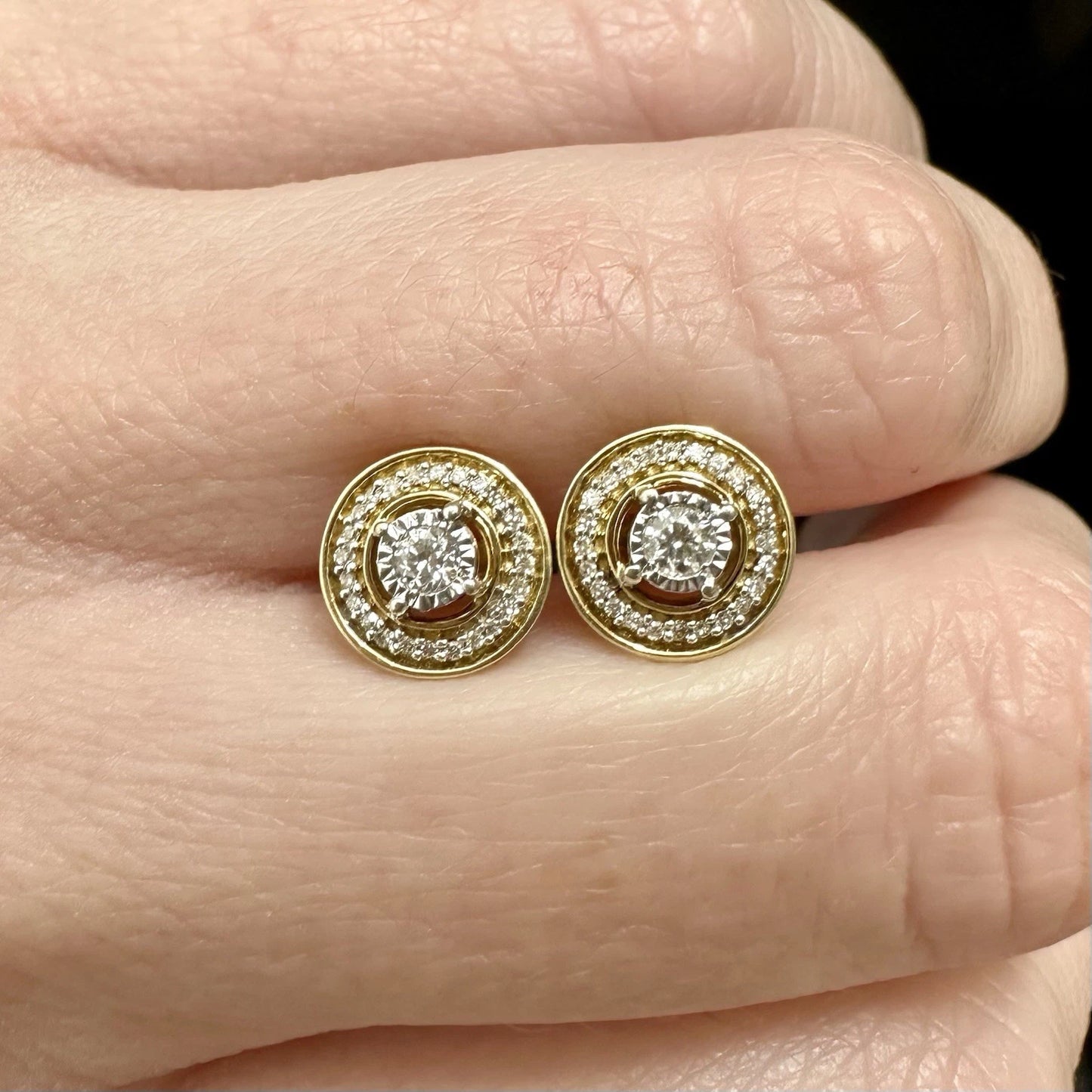 10Ct Yellow Gold .25 Carat Diamond Halo Stud Earrings Sterling Silver Set