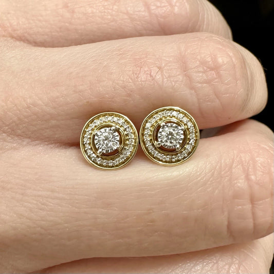 10Ct Yellow Gold .25 Carat Diamond Halo Stud Earrings Sterling Silver Set