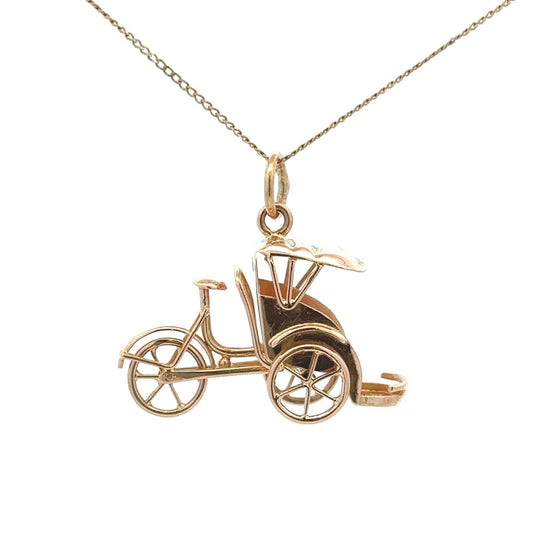 18Ct Yellow Gold Vintage Rickshaw Tricycle Carriage With Moveable Wheels Charm