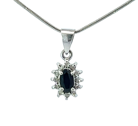 9Ct White Gold Diamond & Blue Gemstone Floral Pendant