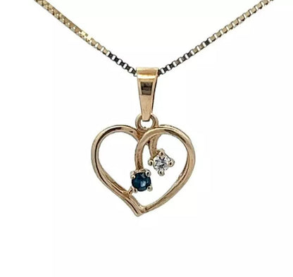 9Ct Yellow Gold Diamond & Blue Stone Heart Pendant