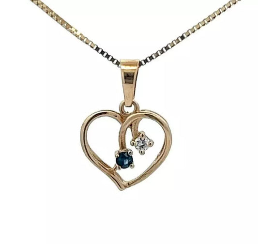 9Ct Yellow Gold Diamond & Blue Stone Heart Pendant