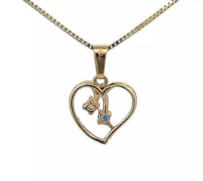 9Ct Yellow Gold Diamond & Blue Stone Heart Pendant