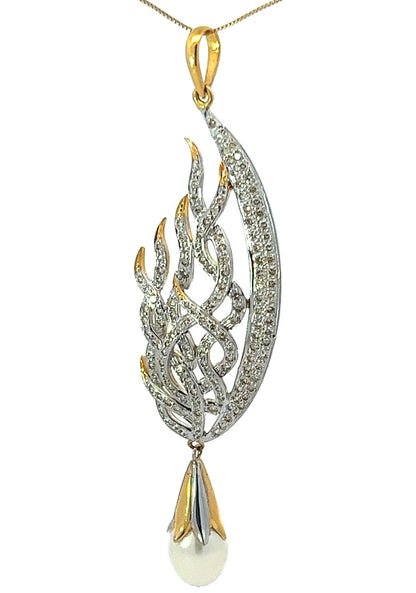 14Ct Two-Tone Gold 0.36 Carat TW Diamond & Pearl Look Statement Pendant