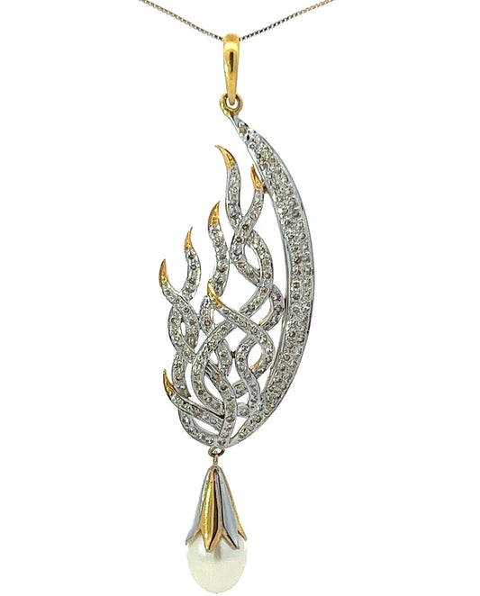 14Ct Two-Tone Gold 0.36 Carat TW Diamond & Pearl Look Statement Pendant