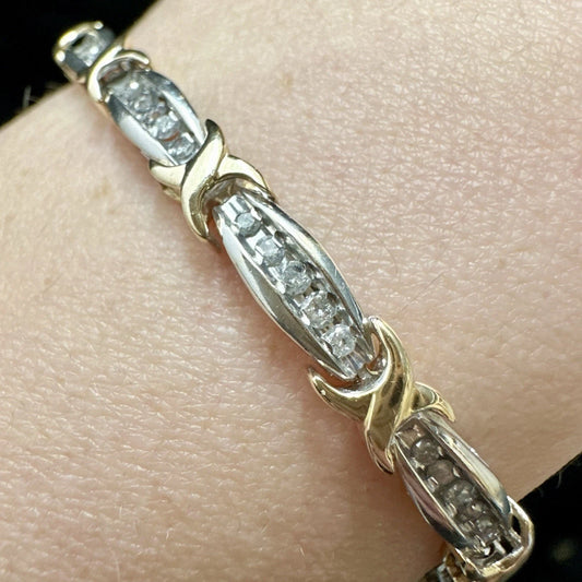 10Ct Two-Tone 1Ct TW Diamond 18cm Bar X Link Tennis Bracelet
