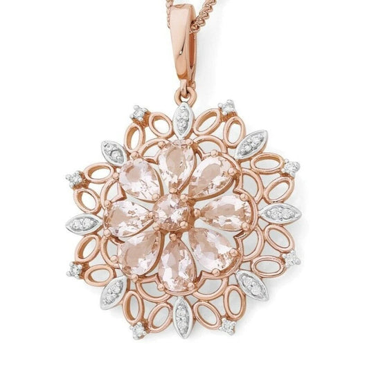 9Ct Rose Gold Morganite & Diamond Accent Floral Enhancer 60cm Trace Necklace