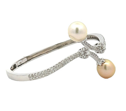 18Ct White Gold South Seas Pearl & 1.36 Carat TW Diamond Accent Hinged Bangle