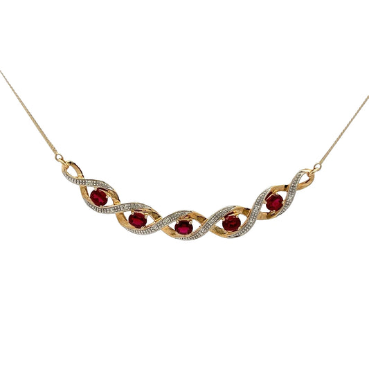 9Ct Yellow Gold Created Ruby & Diamond Accent 45cm Ribbon Twist Necklace